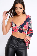 Navy Floral Print Asymmetrical Sleeve Crop Top - Clarinda-Crop Tops