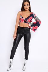 Navy Floral Print Asymmetrical Sleeve Crop Top - Clarinda-Crop Tops