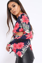 Navy Floral Print Asymmetrical Sleeve Crop Top - Clarinda-Crop Tops