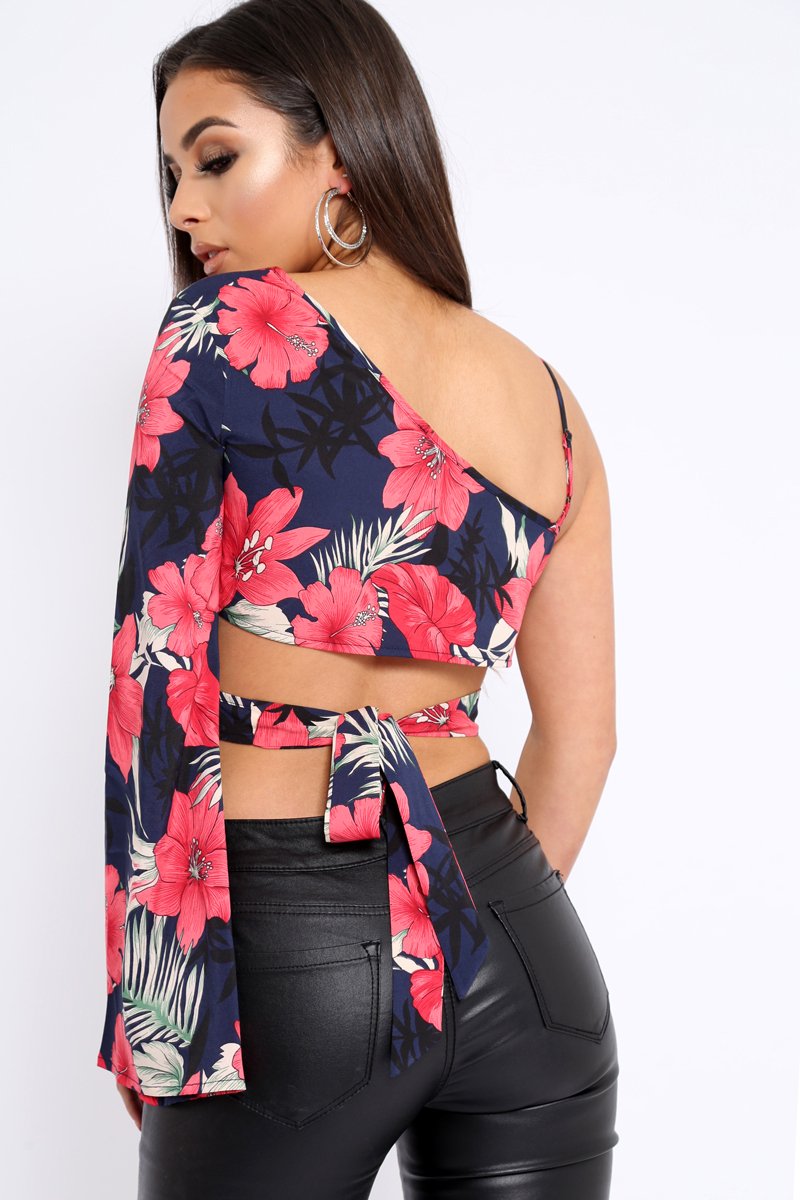 Navy Floral Print Asymmetrical Sleeve Crop Top - Clarinda-Crop Tops