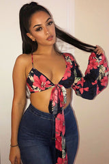 Navy Floral Print Asymmetrical Sleeve Crop Top - Clarinda-Crop Tops