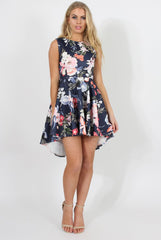 Navy Floral Print Dipped Hem Skater Dress - Lizzie-Dresses