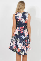Navy Floral Print Dipped Hem Skater Dress - Lizzie-Dresses