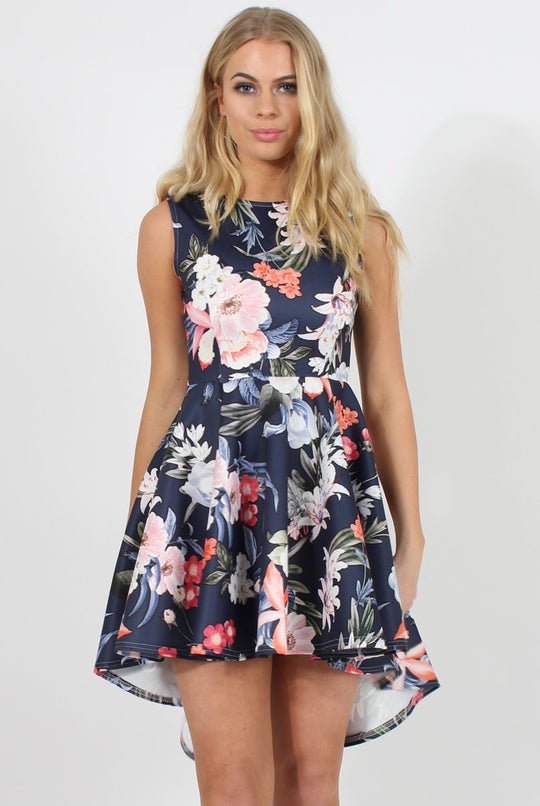 Navy Floral Print Dipped Hem Skater Dress - Lizzie