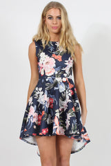 Navy Floral Print Dipped Hem Skater Dress - Lizzie-Dresses