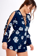 Navy Floral Print Lace Up Playsuit - Courtney-Playsuits