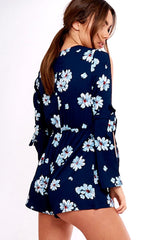 Navy Floral Print Lace Up Playsuit - Courtney-Playsuits