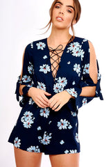Navy Floral Print Lace Up Playsuit - Courtney-Playsuits
