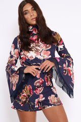 Navy Floral Print Open Back Playsuit - Cassia-Playsuits