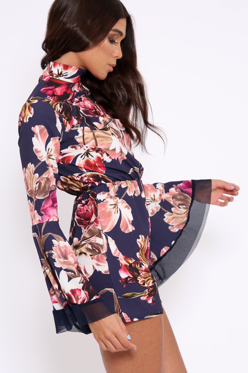 Navy Floral Print Open Back Playsuit - Cassia-Playsuits