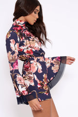 Navy Floral Print Open Back Playsuit - Cassia-Playsuits