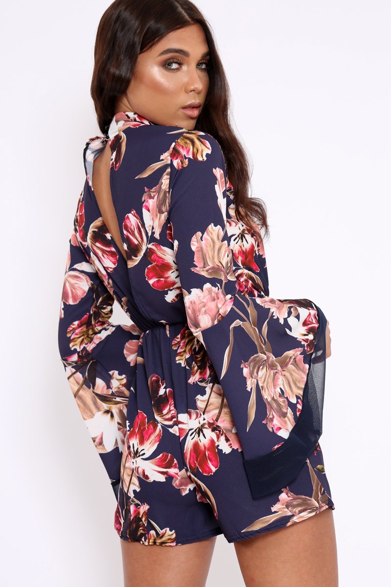 Navy Floral Print Open Back Playsuit - Cassia-Playsuits