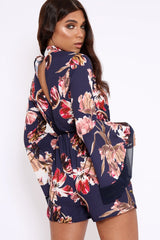 Navy Floral Print Open Back Playsuit - Cassia-Playsuits