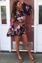 Navy Floral Print Open Back Playsuit - Cassia-Playsuits
