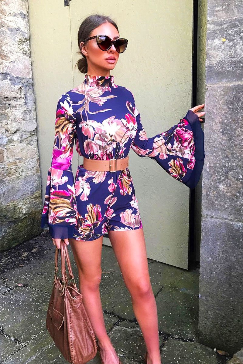 Navy Floral Print Open Back Playsuit - Cassia-Playsuits