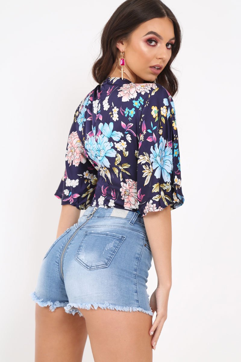 Navy Floral Satin Plunge Bodysuit - Feona-Bodysuits