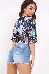 Navy Floral Satin Plunge Bodysuit - Feona-Bodysuits