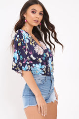 Navy Floral Satin Plunge Bodysuit - Feona-Bodysuits