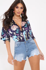 Navy Floral Satin Plunge Bodysuit - Feona-Bodysuits