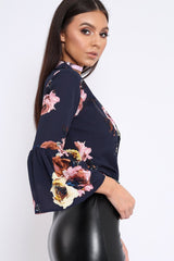 Navy Floral Shirt with Bell Sleeves - Harper-Shirts