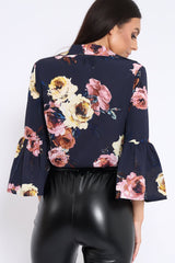 Navy Floral Shirt with Bell Sleeves - Harper-Shirts