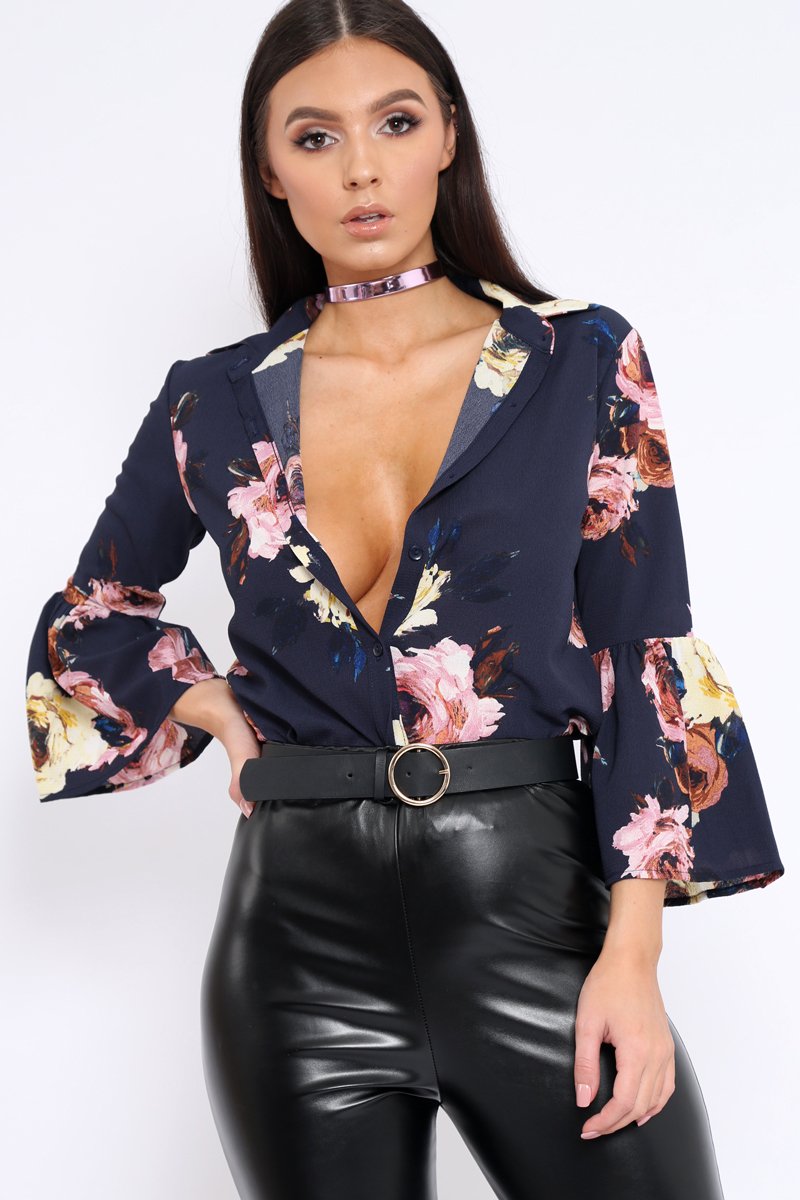 Navy Floral Shirt with Bell Sleeves - Harper-Shirts