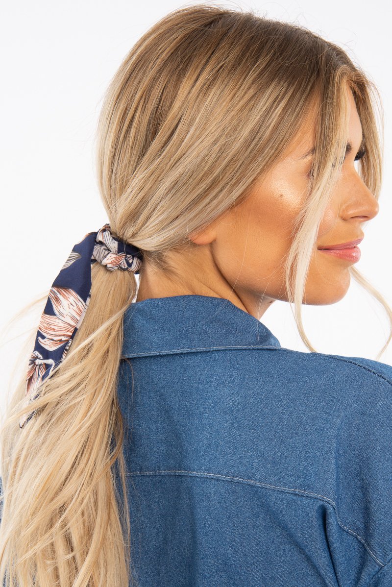 Navy Floral Tie Detail Scunchy - Ziggy-Hair
