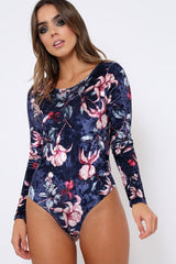 Navy Floral Velvet Bodysuit - Hollie-Bodysuits