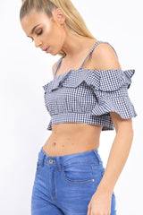 Navy Gingham Cold Shoulder Frill Crop Top - Lant-Crop Tops