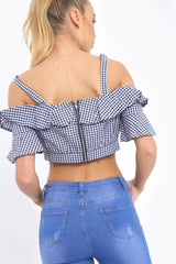 Navy Gingham Cold Shoulder Frill Crop Top - Lant-Crop Tops