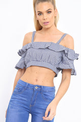 Navy Gingham Cold Shoulder Frill Crop Top - Lant-Crop Tops