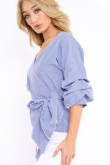 Navy Gingham Ruffle Sleeve Wrapover Top - Susie-Tops