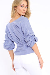 Navy Gingham Ruffle Sleeve Wrapover Top - Susie-Tops