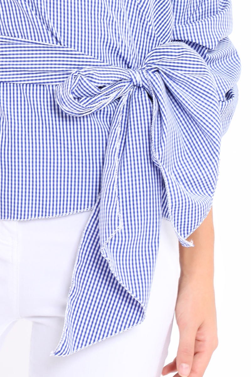 Navy Gingham Ruffle Sleeve Wrapover Top - Susie-Tops