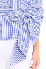 Navy Gingham Ruffle Sleeve Wrapover Top - Susie-Tops
