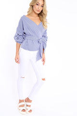 Navy Gingham Ruffle Sleeve Wrapover Top - Susie-Tops