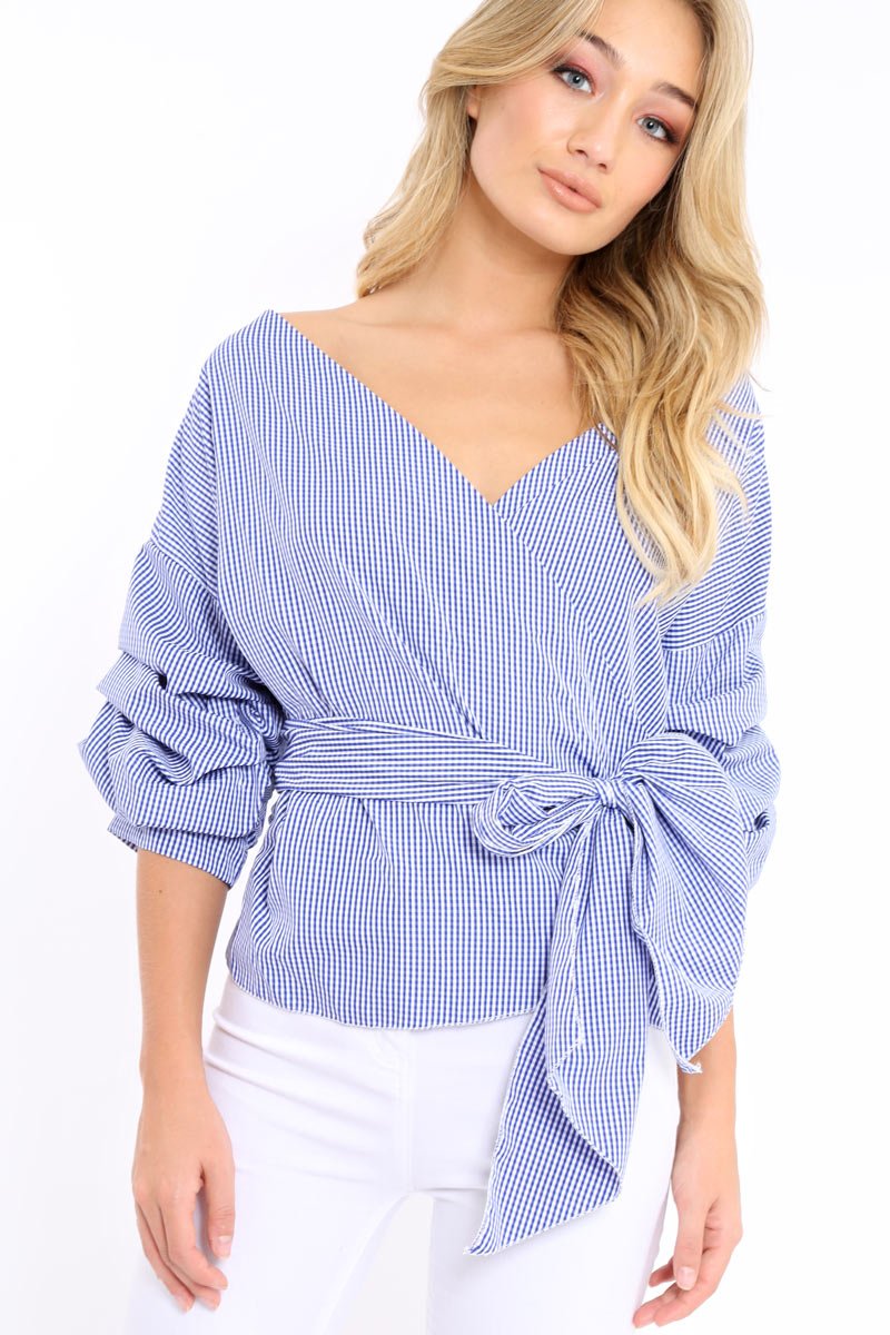 Navy Gingham Ruffle Sleeve Wrapover Top - Susie-Tops