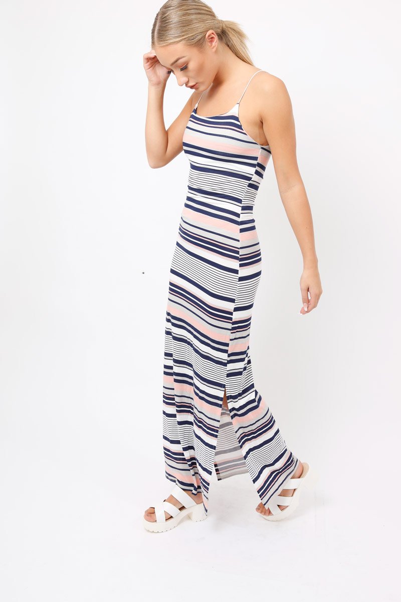 Navy & Grey Striped Maxi Dress - Kiah-Dresses