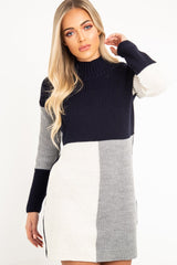 Navy Grey and Cream Knit Jumper Dress - Taila-Jumper
