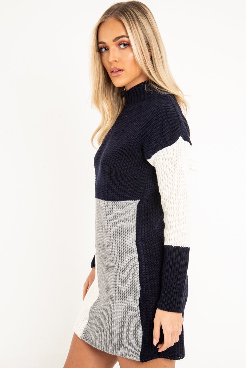 Navy Grey and Cream Knit Jumper Dress - Taila-Jumper