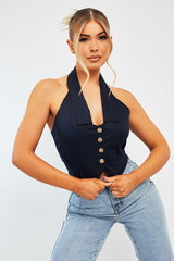 Navy Halterneck Plunge Waistcoat Top - Hazley-Tops