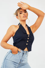 Navy Halterneck Plunge Waistcoat Top - Hazley-Tops