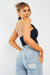 Navy Halterneck Plunge Waistcoat Top - Hazley-Tops