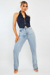 Navy Halterneck Plunge Waistcoat Top - Hazley-Tops