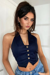 Navy Halterneck Plunge Waistcoat Top - Hazley-Tops