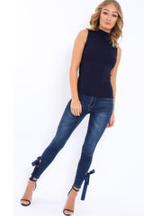 Navy High Neck Ribbed Top - Cicely-Tops