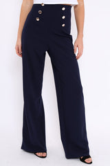 Navy High Waist Button Front Wide Leg Trousers - Juna-Trousers