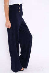 Navy High Waist Button Front Wide Leg Trousers - Juna-Trousers