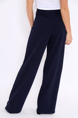 Navy High Waist Button Front Wide Leg Trousers - Juna-Trousers