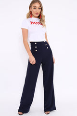 Navy High Waist Button Front Wide Leg Trousers - Juna-Trousers